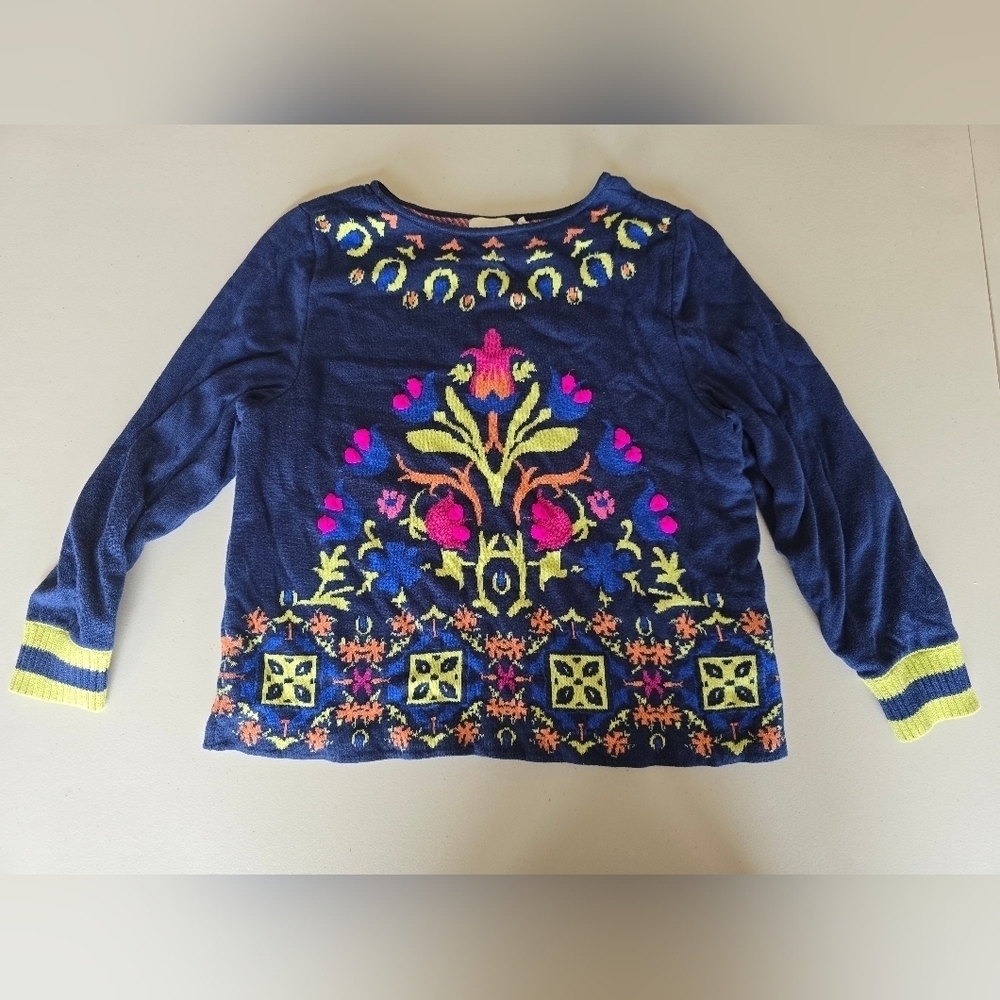 Anthropologie HWR Monogram Floral Intarsia Blue Sweater Women's Sz S.